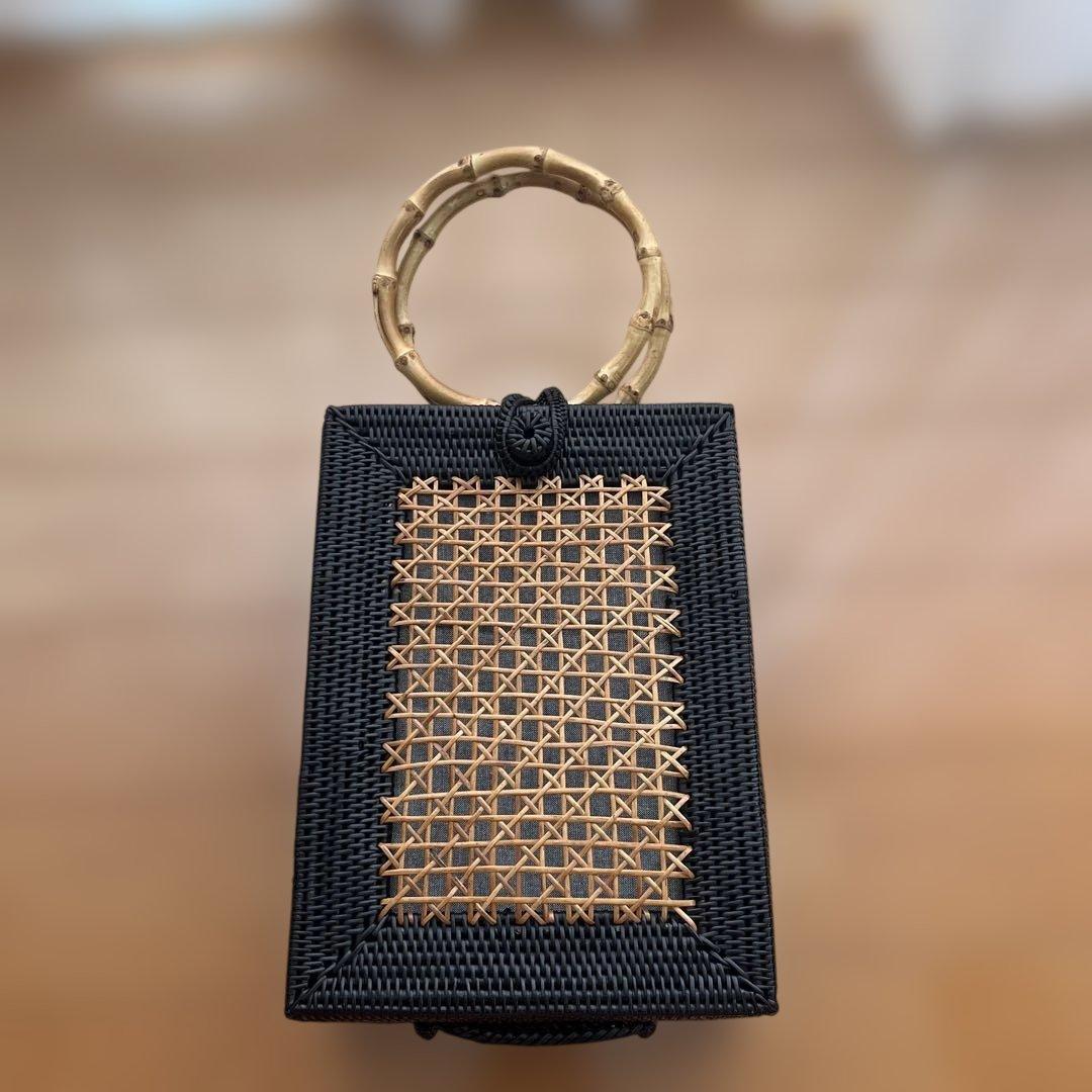 【新品未使用】きものやまと✩⡱アタレクタングル竹ハンドルバッグ【黒】カゴバッグ