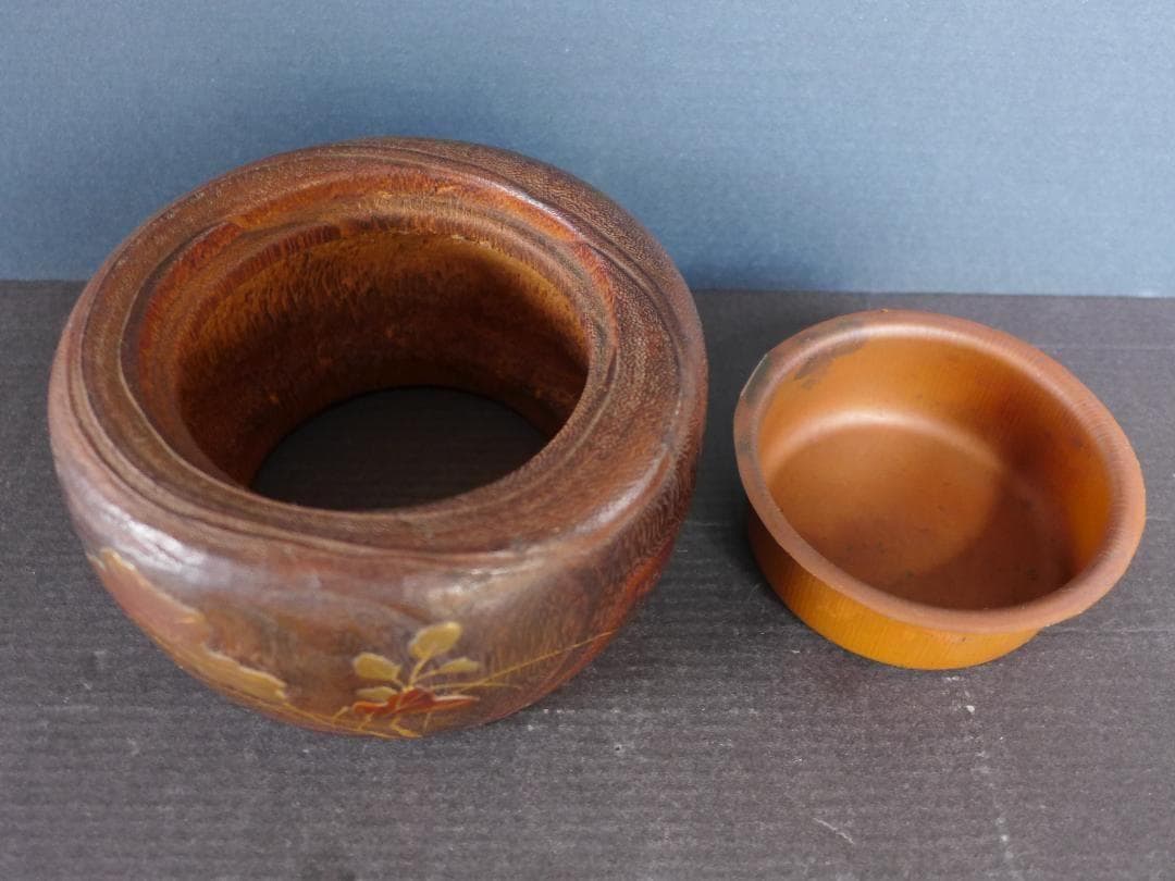 時代物　小型手あぶり火鉢　桑の木一刀彫 蒔絵　古道具　アンティーク　骨董