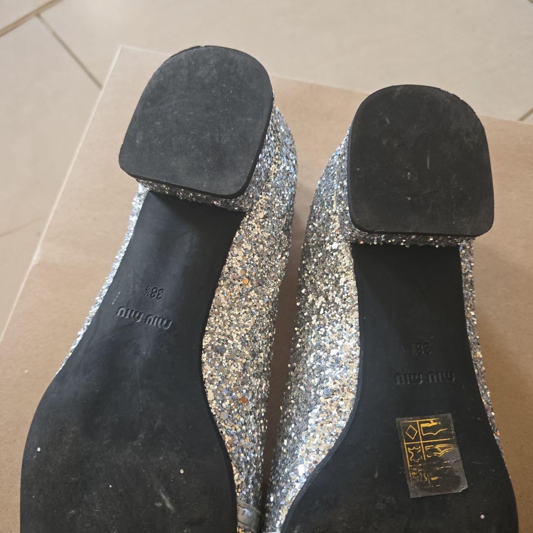 美品 Miu Miu シルバー ビジュー フラットシューズ