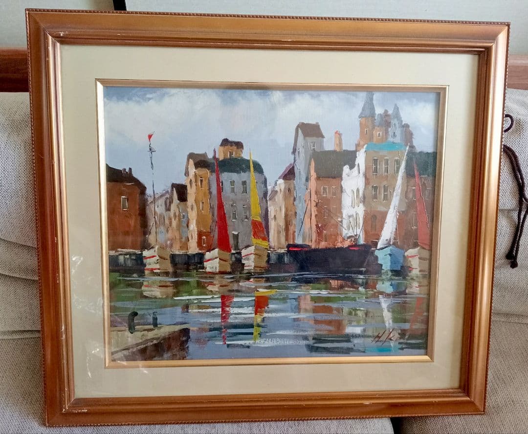 額縁付 １点物 油彩画 黒沢久 風景画『オンフルール』56 × 63cm