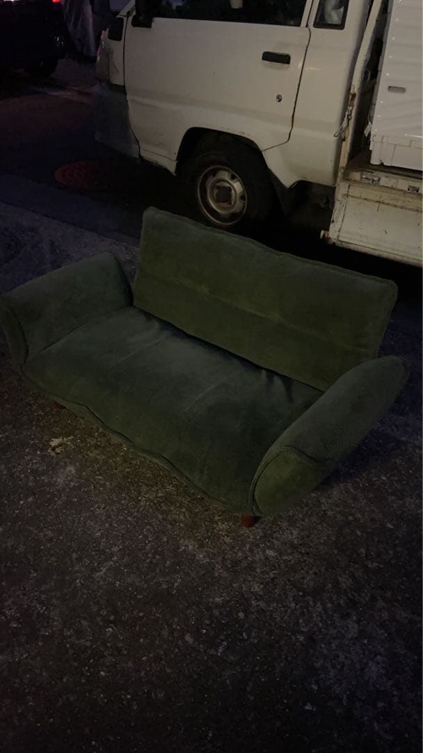 グリーン　クッション付きリクライニングソファー　脚付　2way