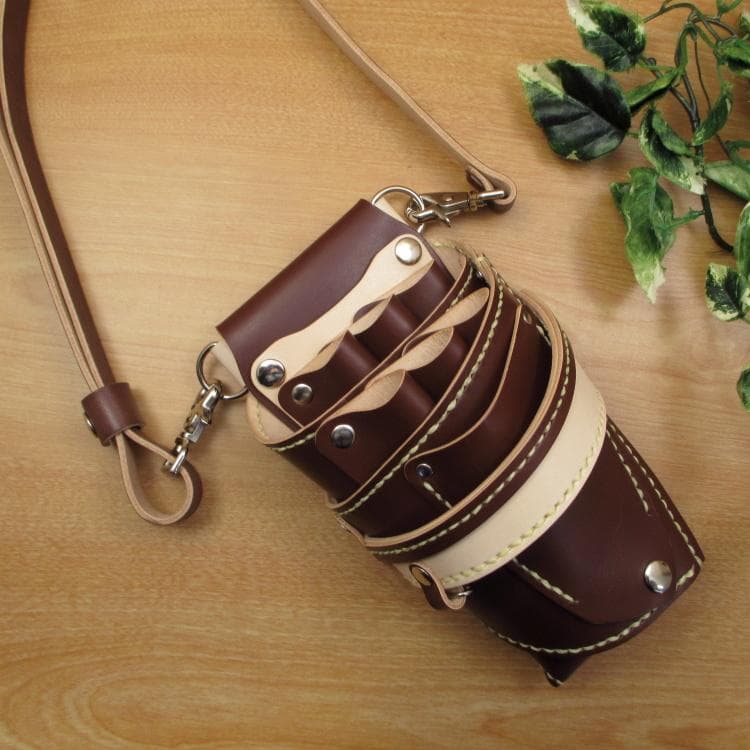 ブラウン＆ナチュラル　６丁　革ベルト付　本革シザーケース　SCL-158/CBA