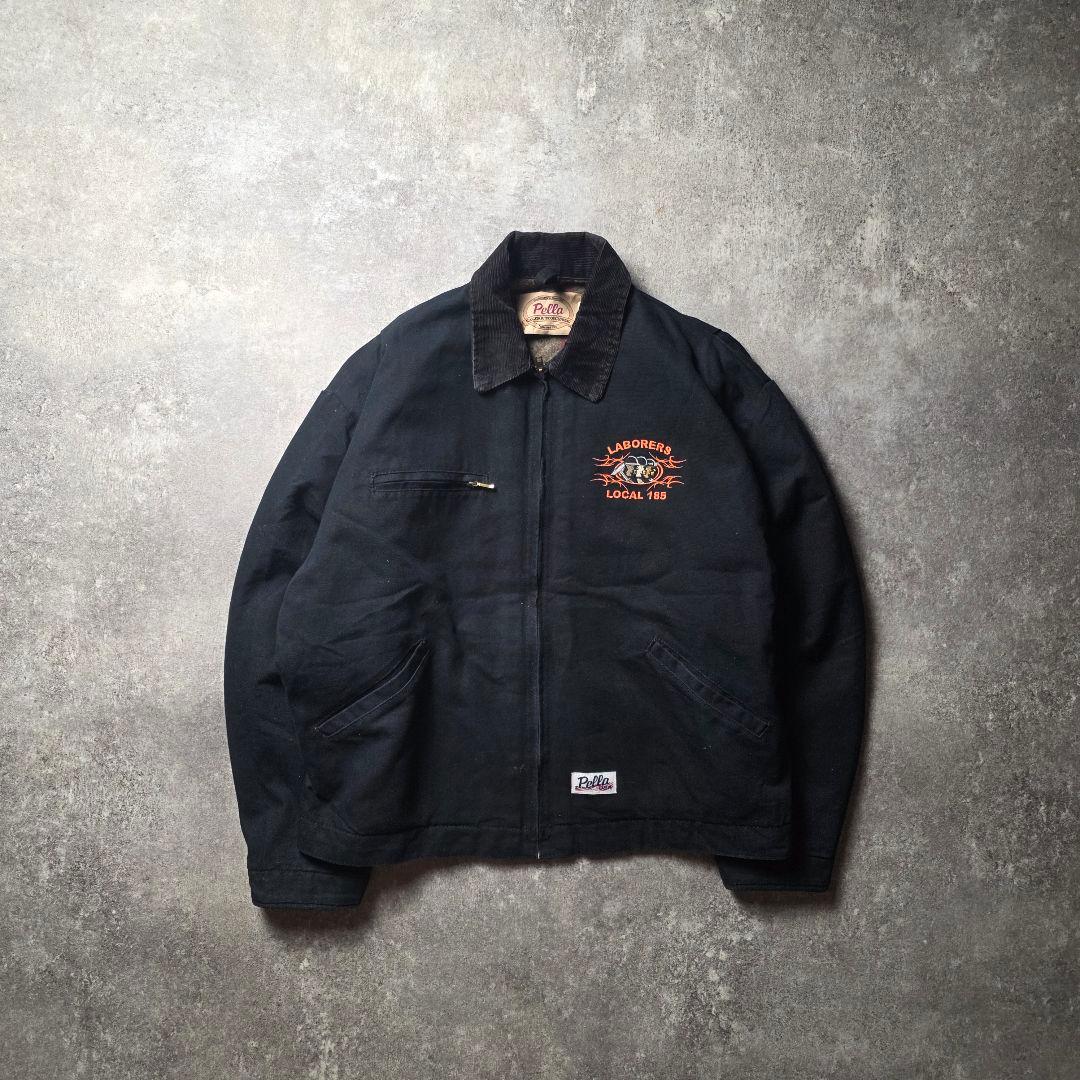 USA製デトロイトジャケットダック地Pella企業ロゴ短丈裏チェックブラックXL