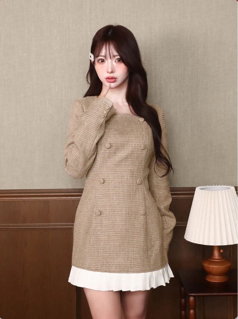 【新品】ダーリッチ　プリーツドッキングツイードミニワンピース ブラウン　FL