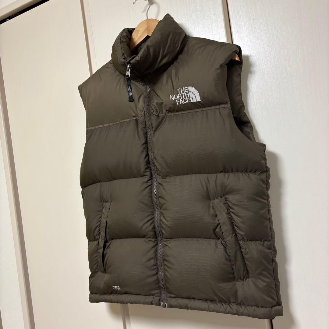 ノースフェイス　センター　ロゴ　ダウン　ベスト　カーキ　ブラウン　S