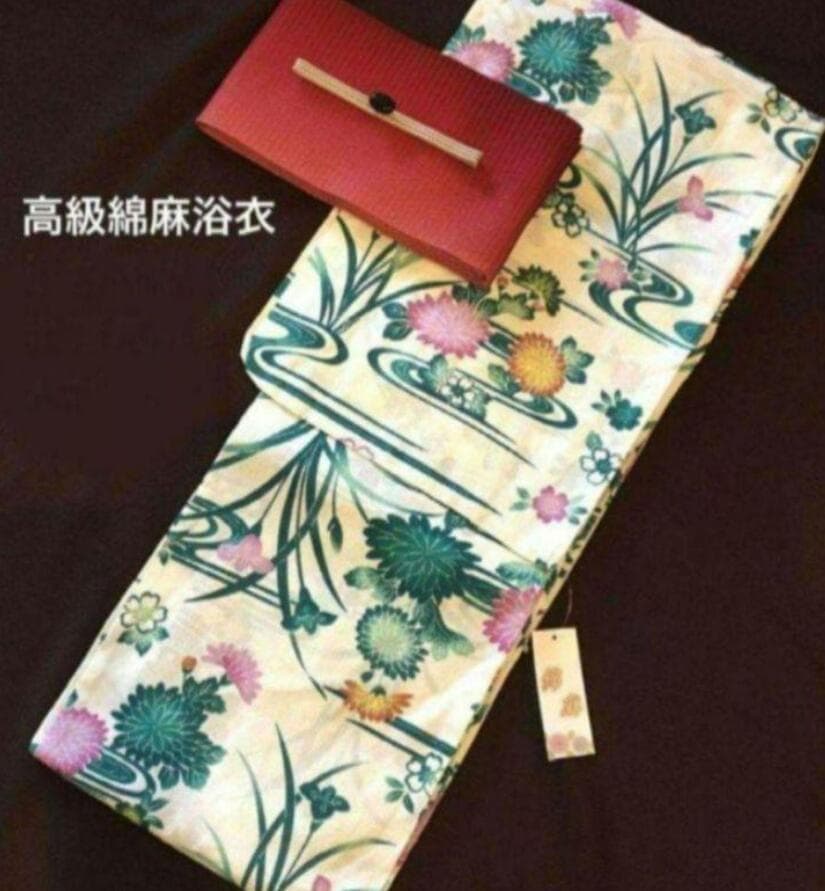 お任せの下駄+画像の赤はちす帯つき◆最高級【綿麻浴衣】翡翠緑アヤメ