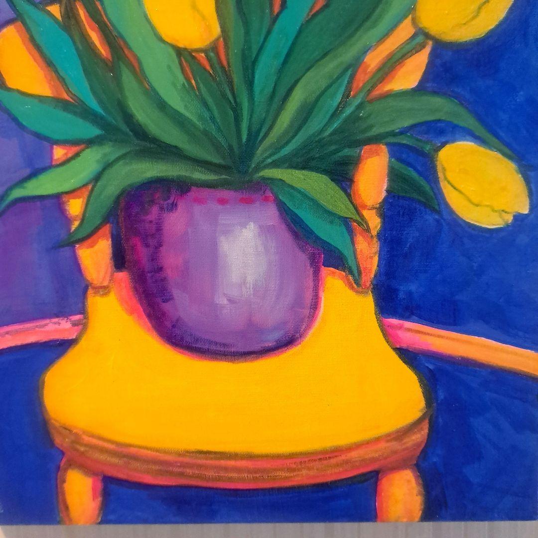 キャンバス油絵　黄色い椅子の上に置いた鉢植えの黄色いチューリップ他計2枚セット