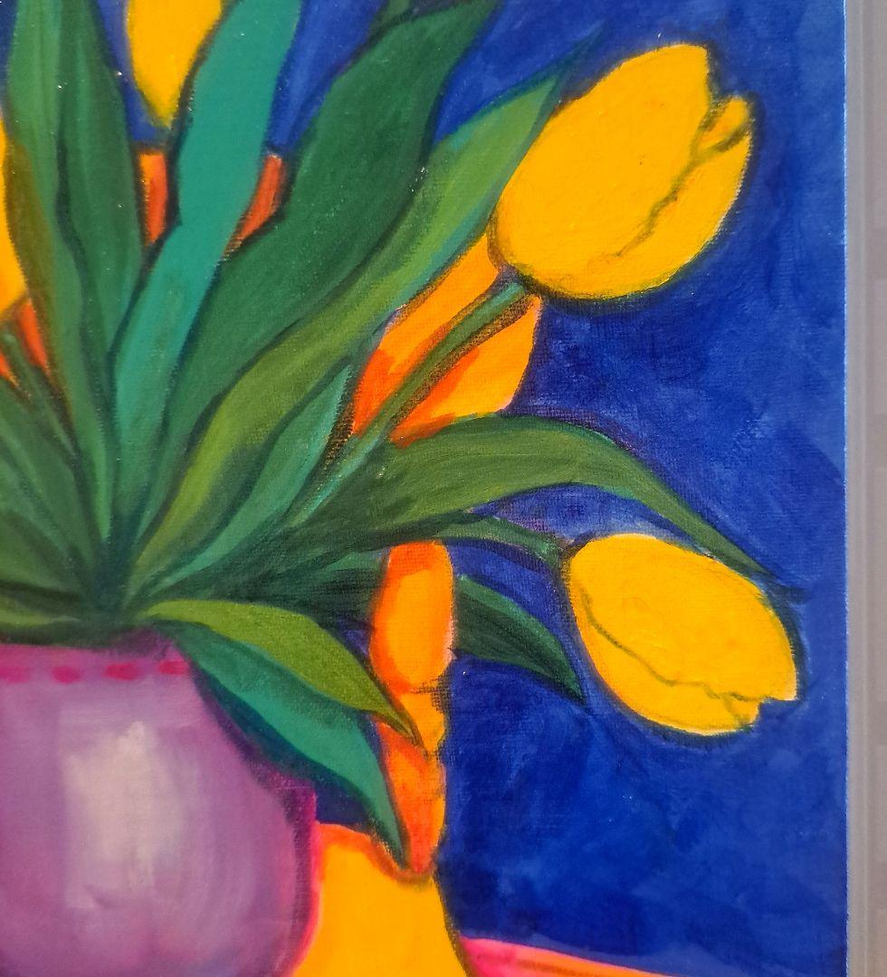 キャンバス油絵　黄色い椅子の上に置いた鉢植えの黄色いチューリップ他計2枚セット