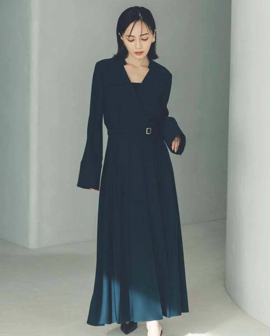 anuans ダブルサテンノーカラータックワンピース　S