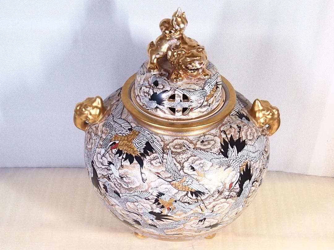 【良品】薩摩焼 金彩 雲群鶴文 大香炉 置物 茶道具/香道具 陶磁器 インテリア