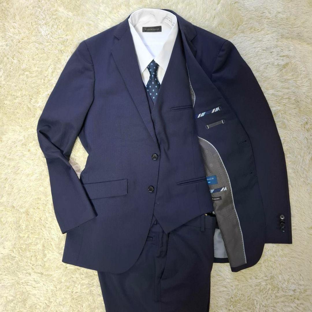 オリヒカ　３ピース　スーツ　ストライプ　紺色　S　毛混　ベストリバーシブル