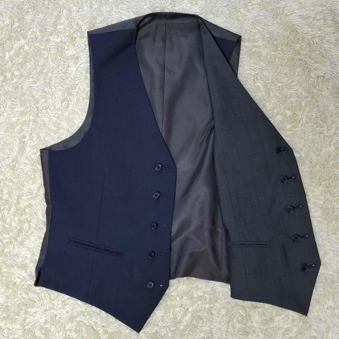 オリヒカ　３ピース　スーツ　ストライプ　紺色　S　毛混　ベストリバーシブル