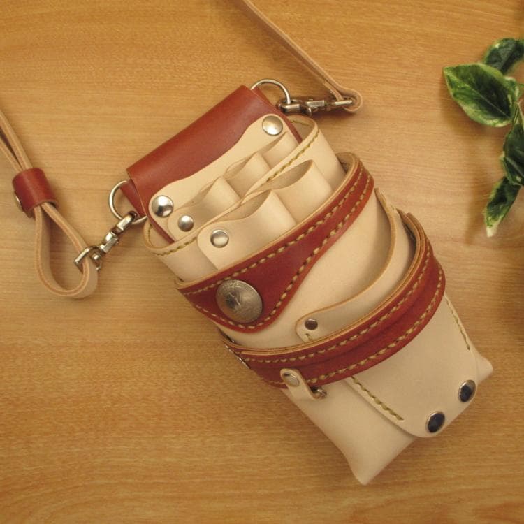 ヌメ革ナチュラル&茶色　５丁差し　革ベルト付　シザーケース　SCL-125/NL