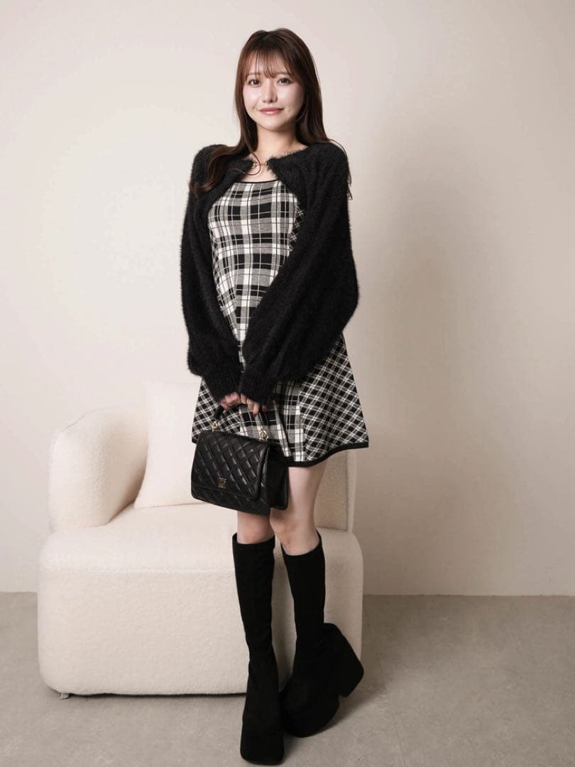 LIP SERVICE フェザーチェックアンサンブルワンピース 黒フレア