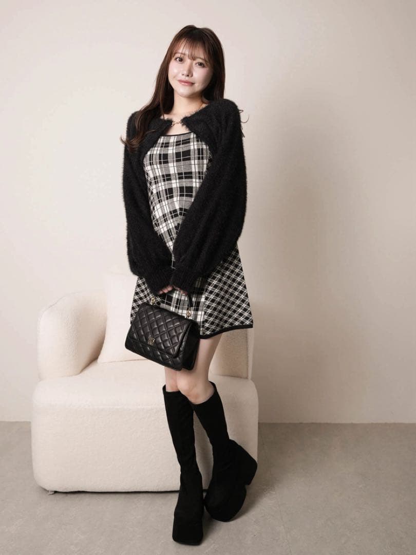 LIP SERVICE フェザーチェックアンサンブルワンピース 黒フレア