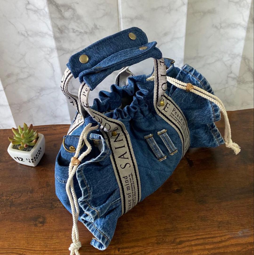 Ｎｏ.64 デニムリメイク【フリルバッグ】トートバッグ ハンドメイド