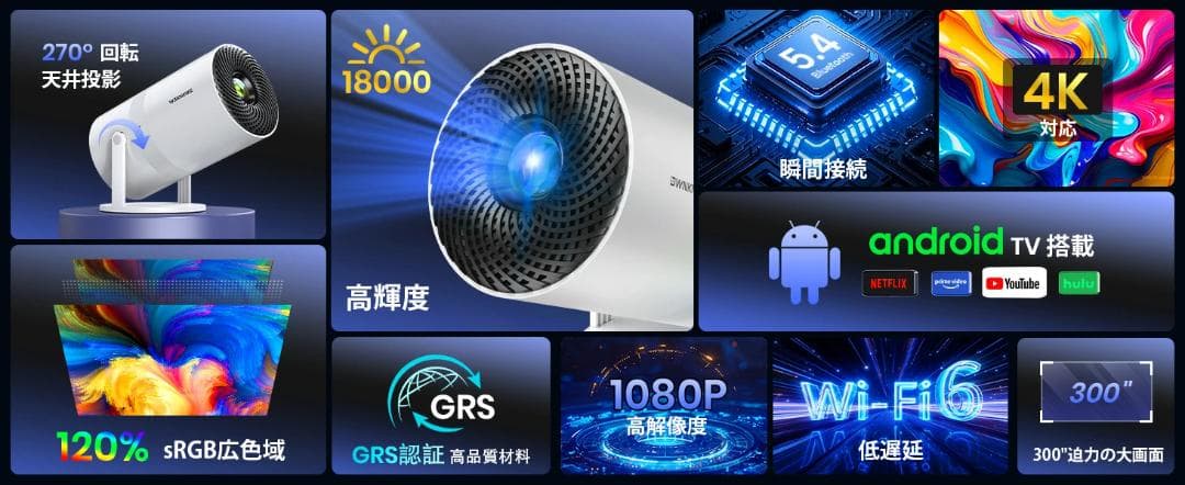 プロジェクター 18000LM 1080P 4K対応 Bluetooth5.4