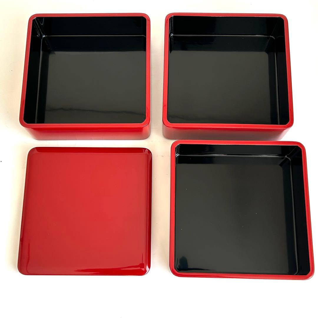 【美品】漆器 木製 漆塗り 重箱 三段重箱 三段重 お重 赤 日本製 モダン