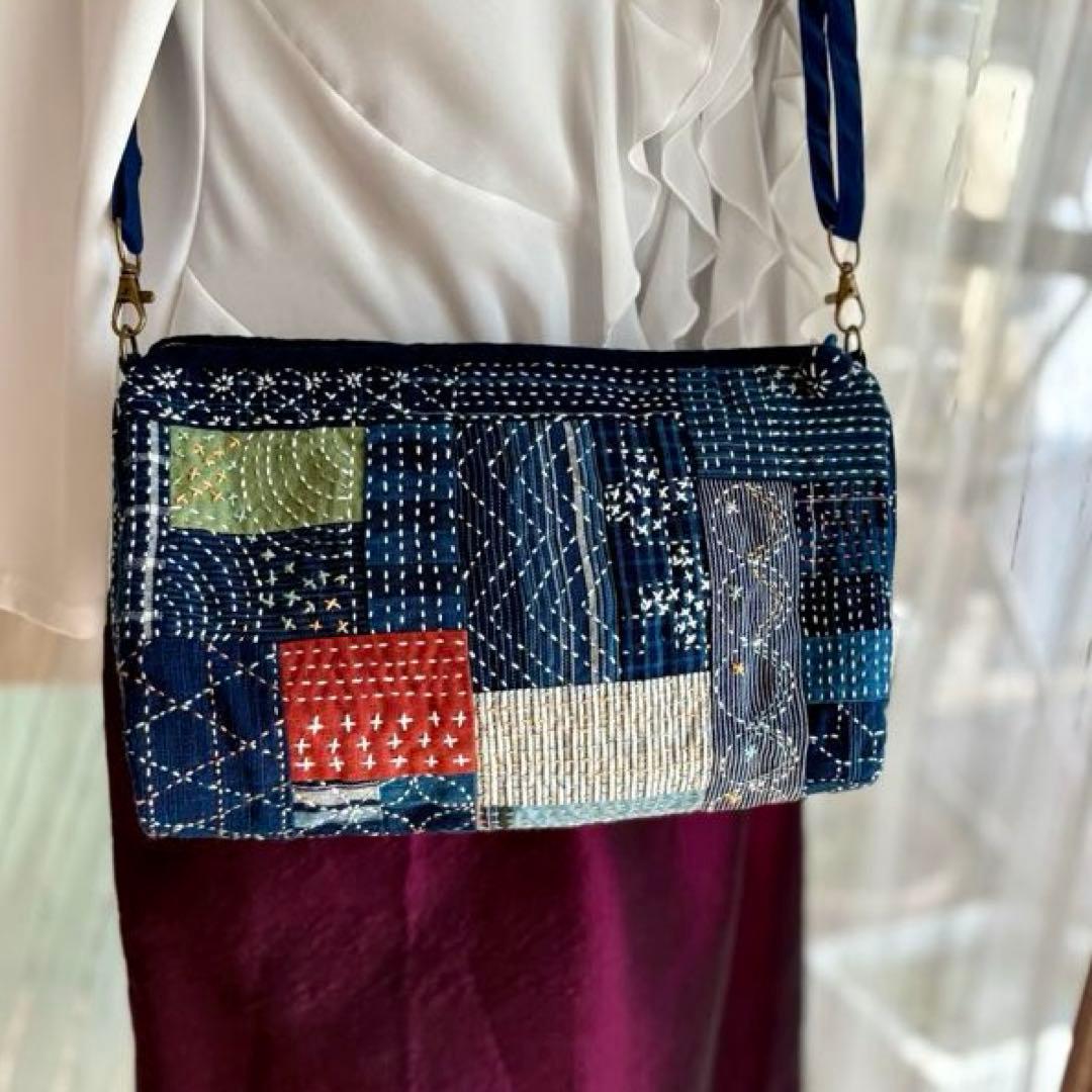 松阪もめん縞模様×刺し子のパッチワークキルト　ハンドメイドショルダーバッグ