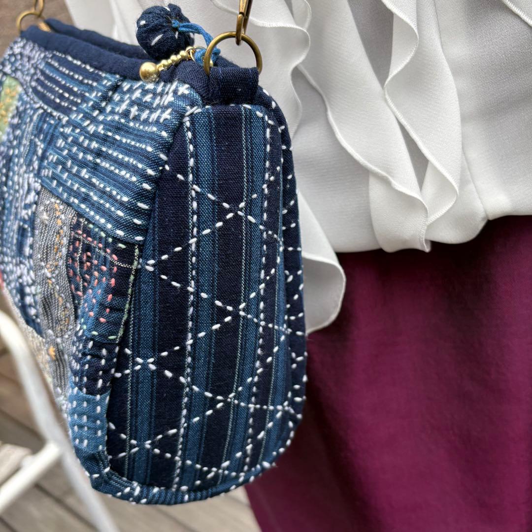 松阪もめん縞模様×刺し子のパッチワークキルト　ハンドメイドショルダーバッグ
