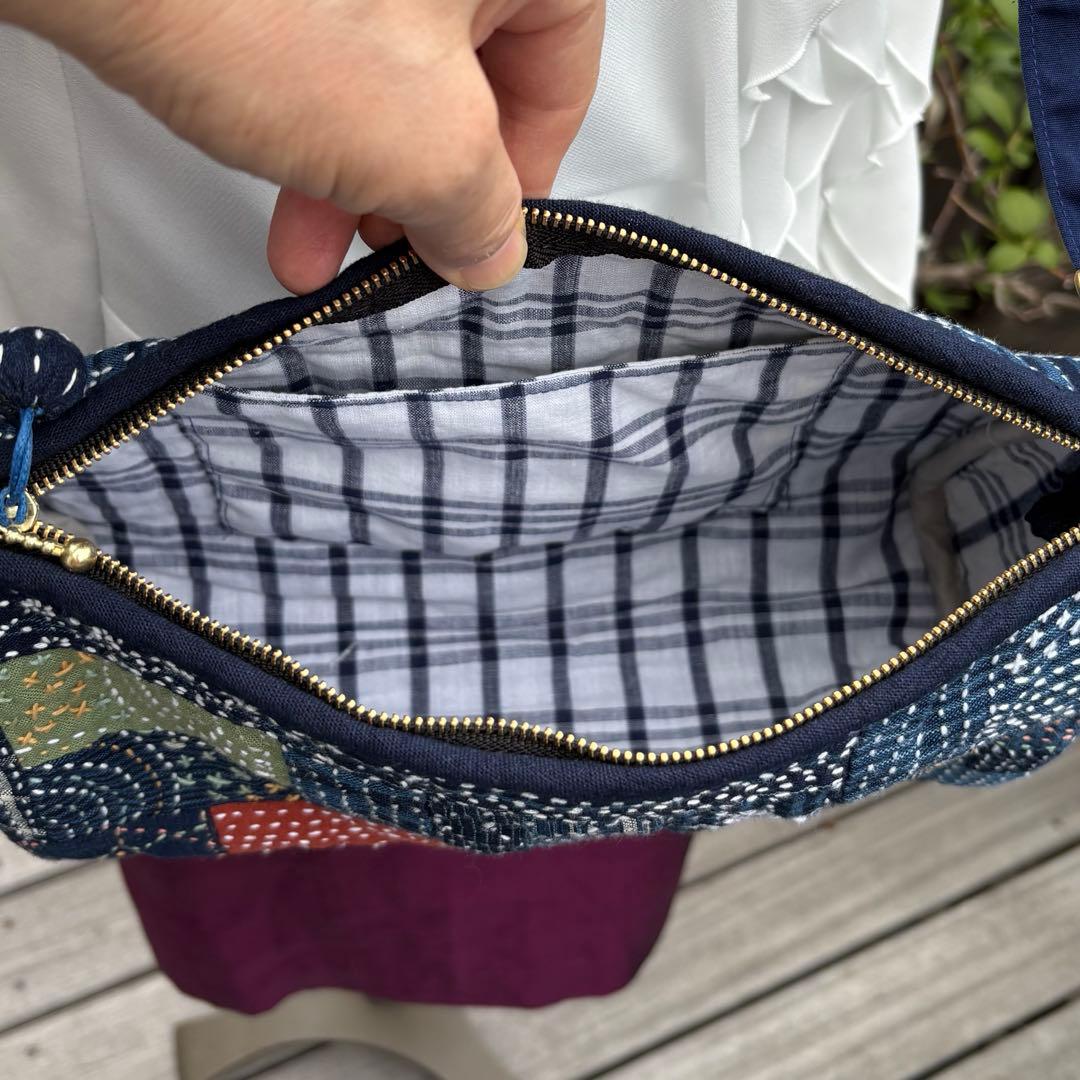 松阪もめん縞模様×刺し子のパッチワークキルト　ハンドメイドショルダーバッグ