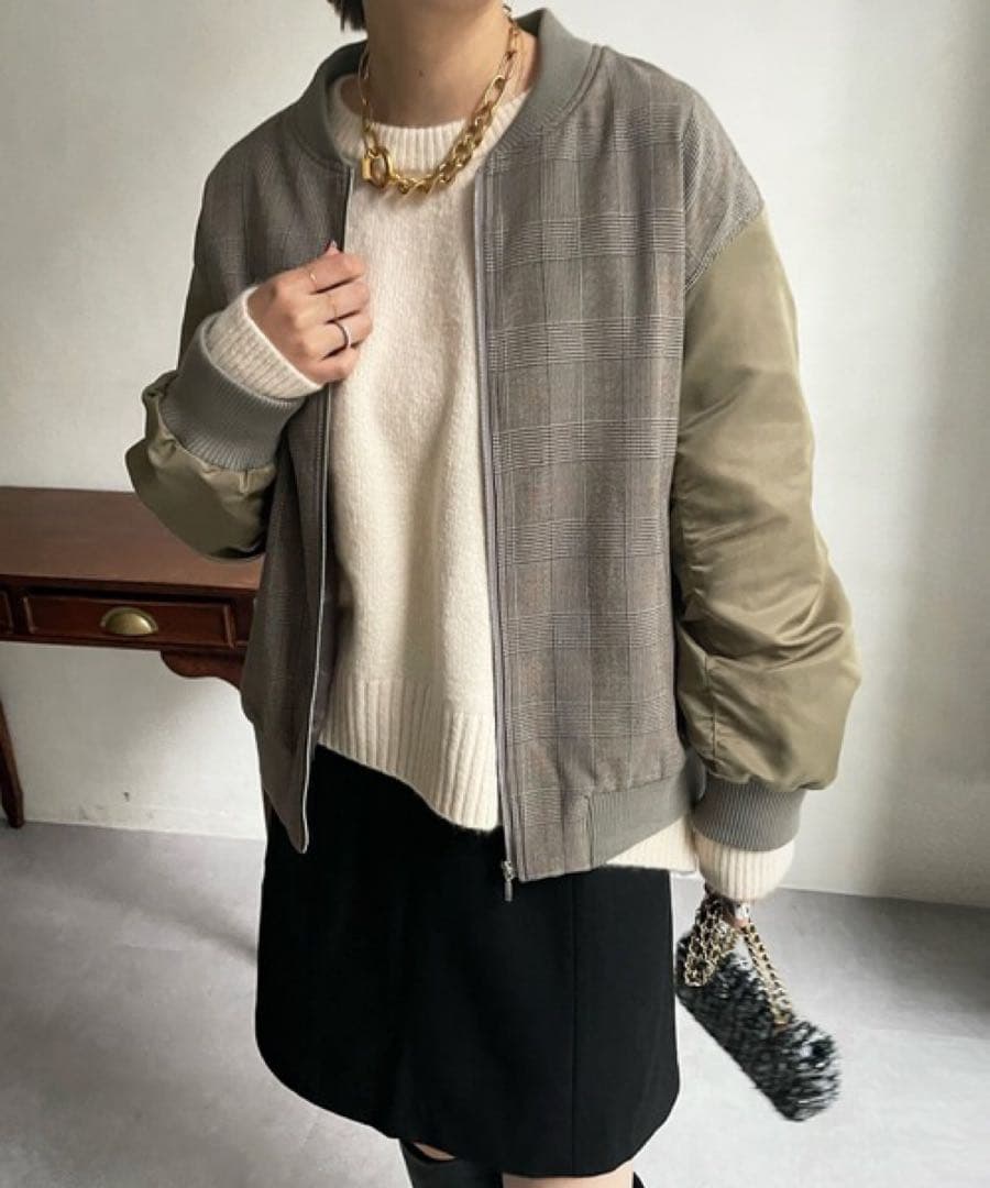 シャルロッテ⭐︎DOUDOU 異素材切替チェック柄ブルゾン 定価1.7万円