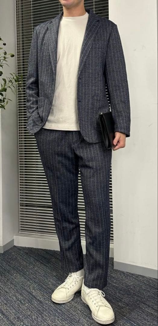 未使用タグ付【金のパジャマスーツ】プレミアムウールセットアップ 紺ストライプBM