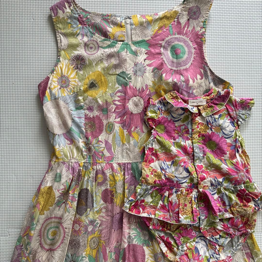 同梱あり専用ベビー80花柄ロンパース・ママ用ドレスセット　双子コーデ