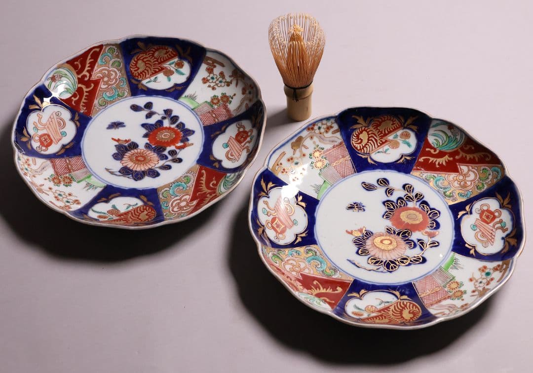 【CM120】古伊万里 色絵 中皿 2枚 盛皿 幅22.3cm 錦手 花鳥 草花