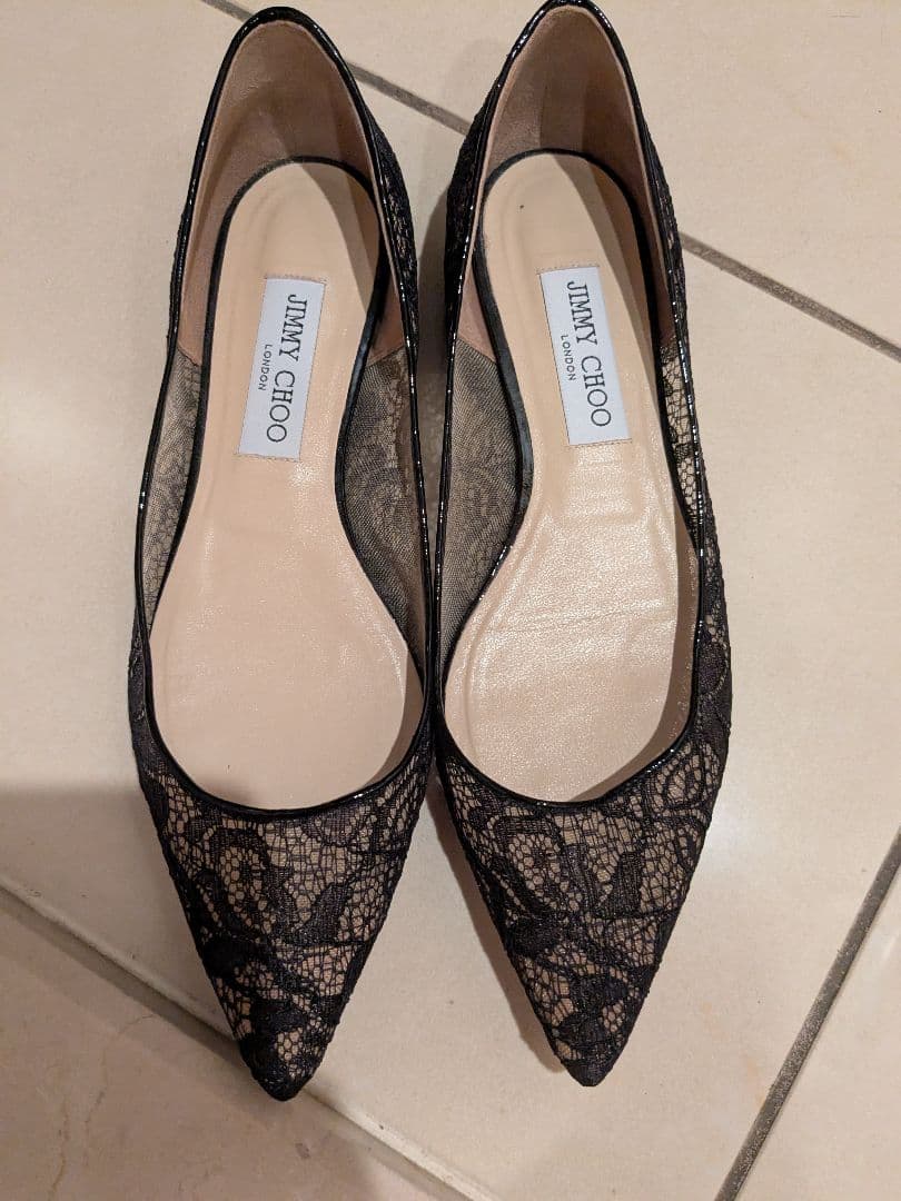 JIMMY CHOO ブラック レース フラットシューズ 38H