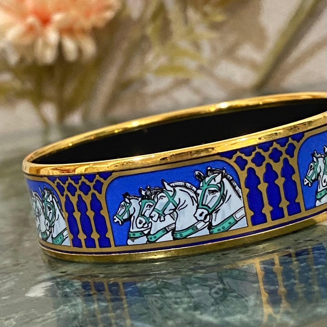 HERMES エマイユGM バングル 四頭馬 七宝焼 ゴールド×ブルー