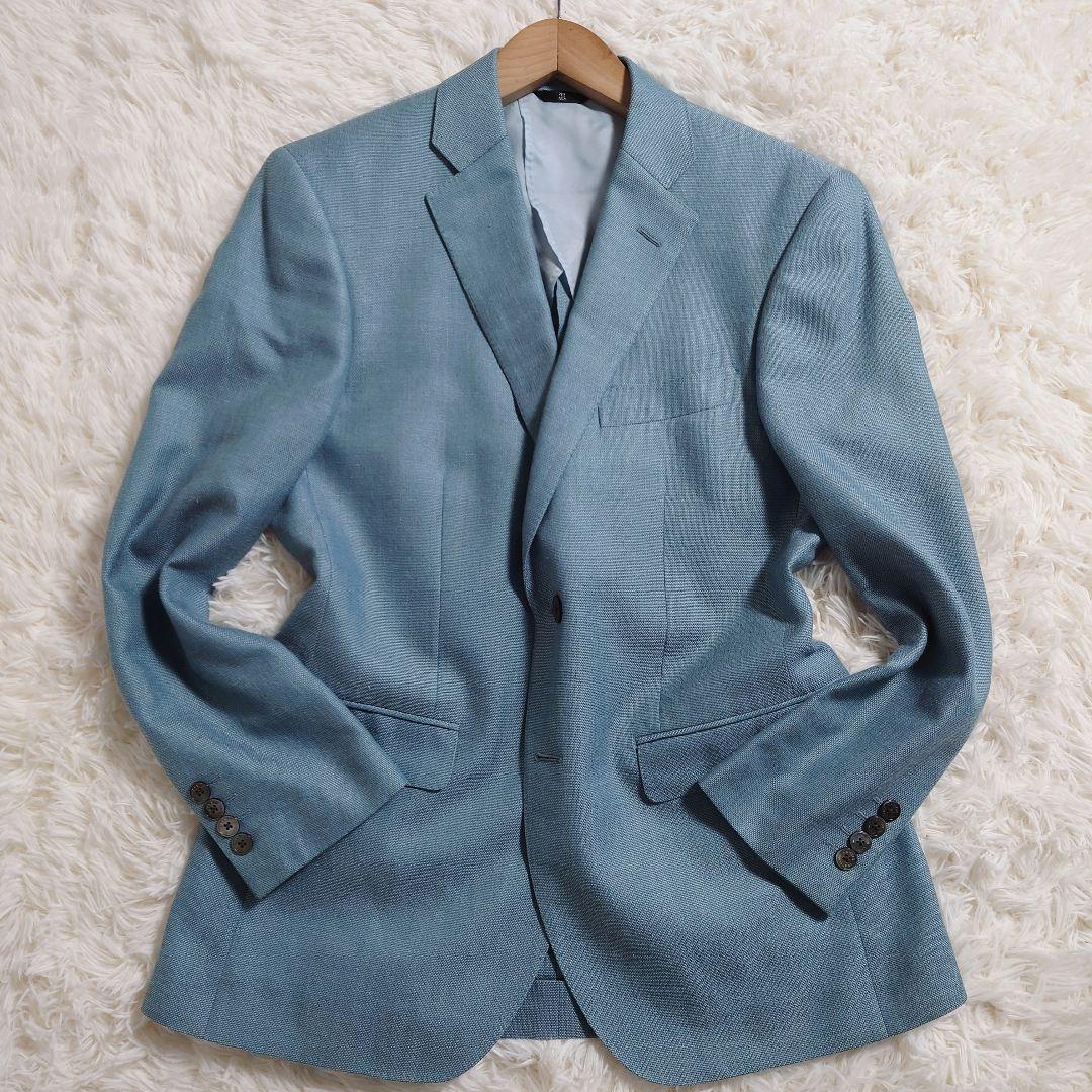 麻混　シルク混　ランバン　テーラードジャケット　背抜き　ロゴボタン　M相当