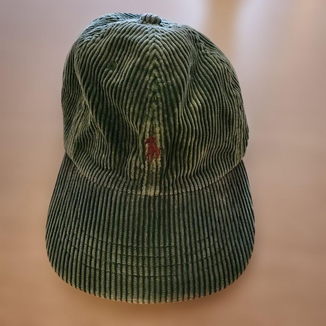 ​90s ポロラルフローレン コーデュロイ キャップ グリーン 刺繍ロゴ