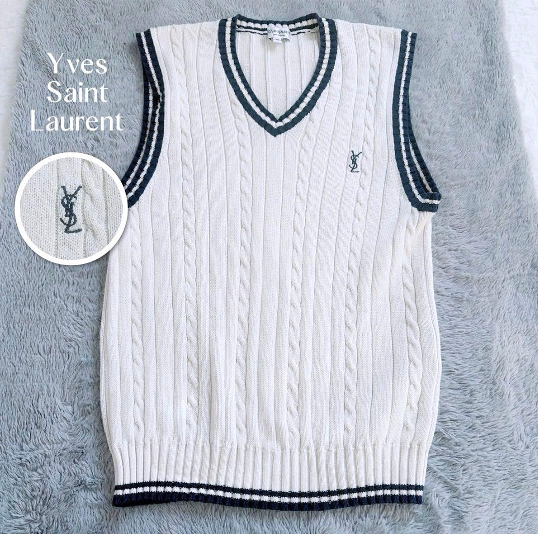 【イヴサンローラン】美品✨洗える ケーブルニット ベスト ロゴ刺繍入り