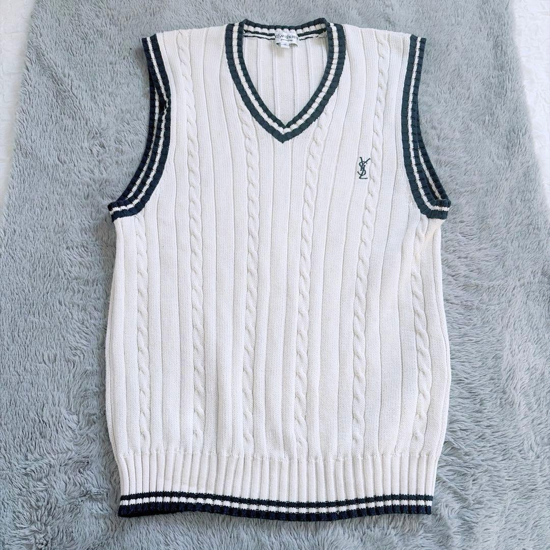 【イヴサンローラン】美品✨洗える ケーブルニット ベスト ロゴ刺繍入り
