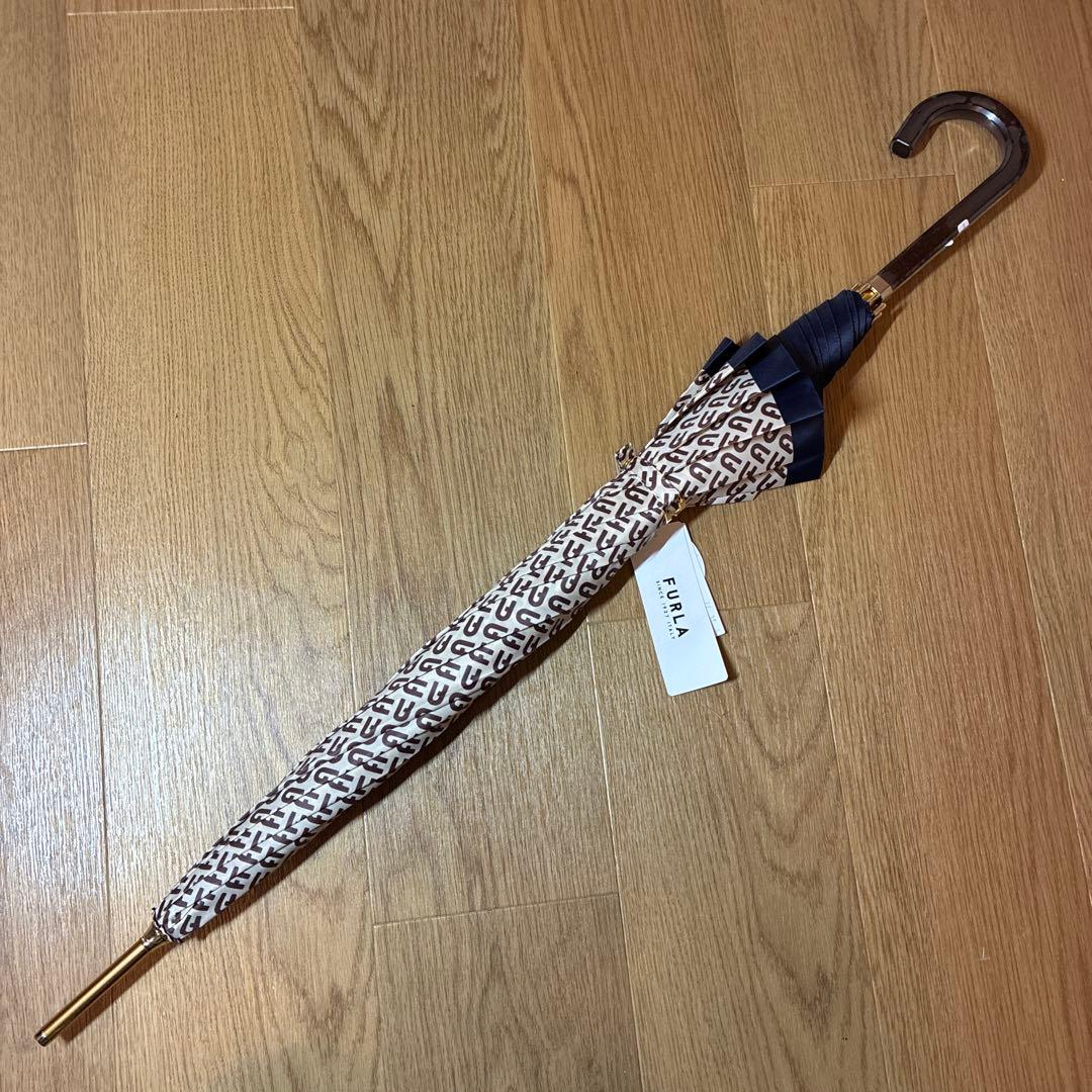 【未使用品】フルラ ロゴ 総柄 晴雨兼用 長傘 日傘 ネイビー×ホワイト