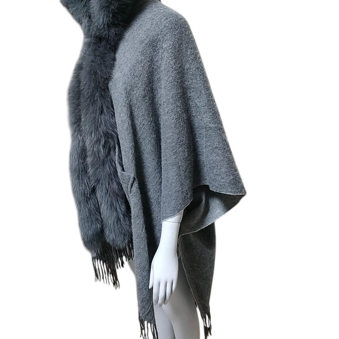 【新品・タグ付】カシミヤ100% フォックスファー ポンチョ ケープ グレー