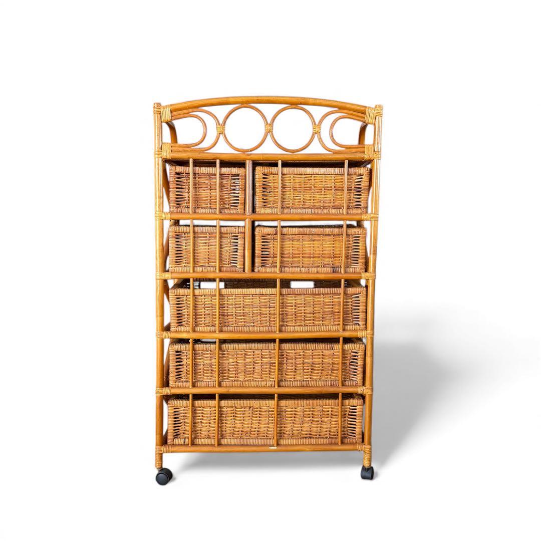 5段収納チェスト　キャスター付　天然素材　高さ約120cm　大型