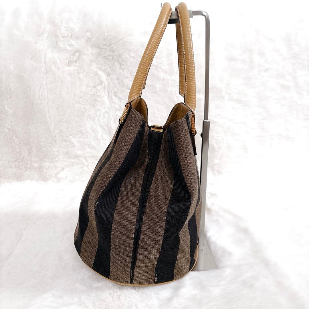 フェンディ ハンドバッグ ペカン バケツ型 キャンバス レザー ストライプ 希少