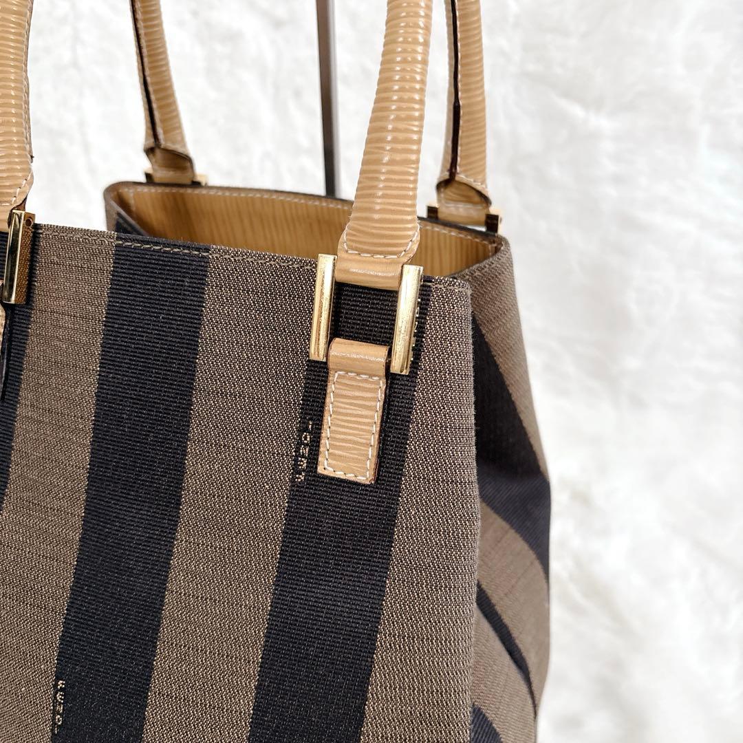 フェンディ ハンドバッグ ペカン バケツ型 キャンバス レザー ストライプ 希少