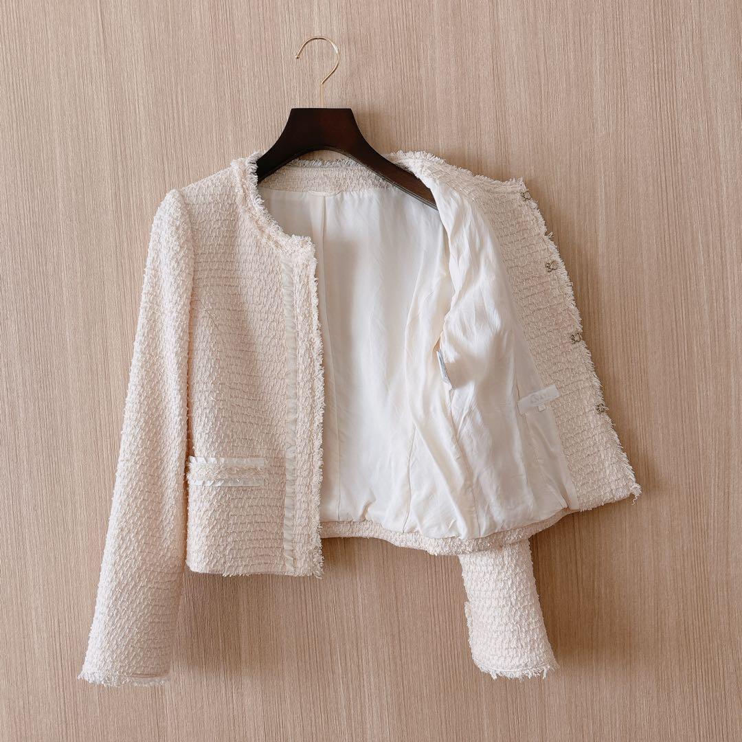 【1200】アナイ　ツイードノーカラージャケット　アイボリー 36 フォーマル