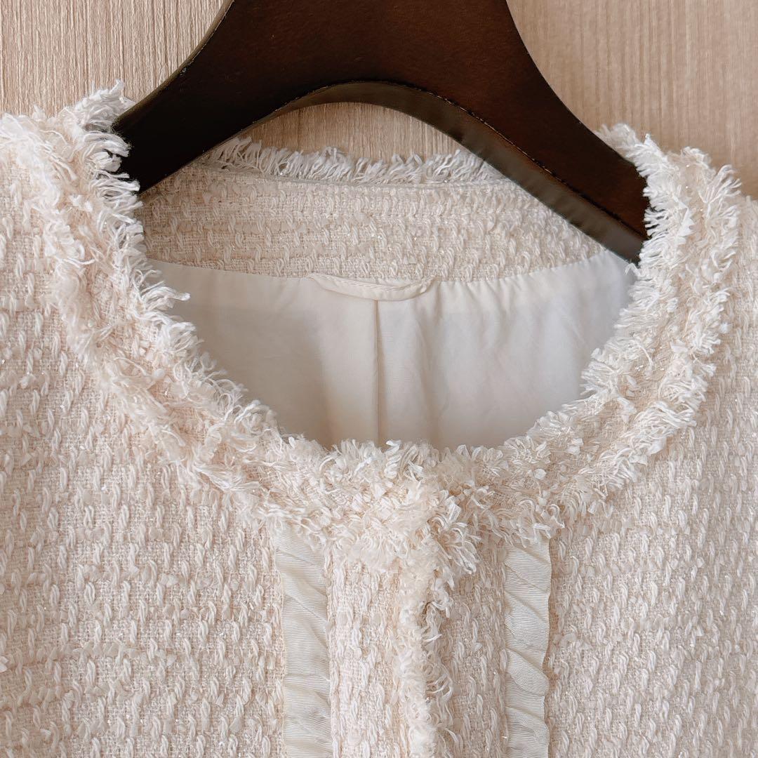 【1200】アナイ　ツイードノーカラージャケット　アイボリー 36 フォーマル