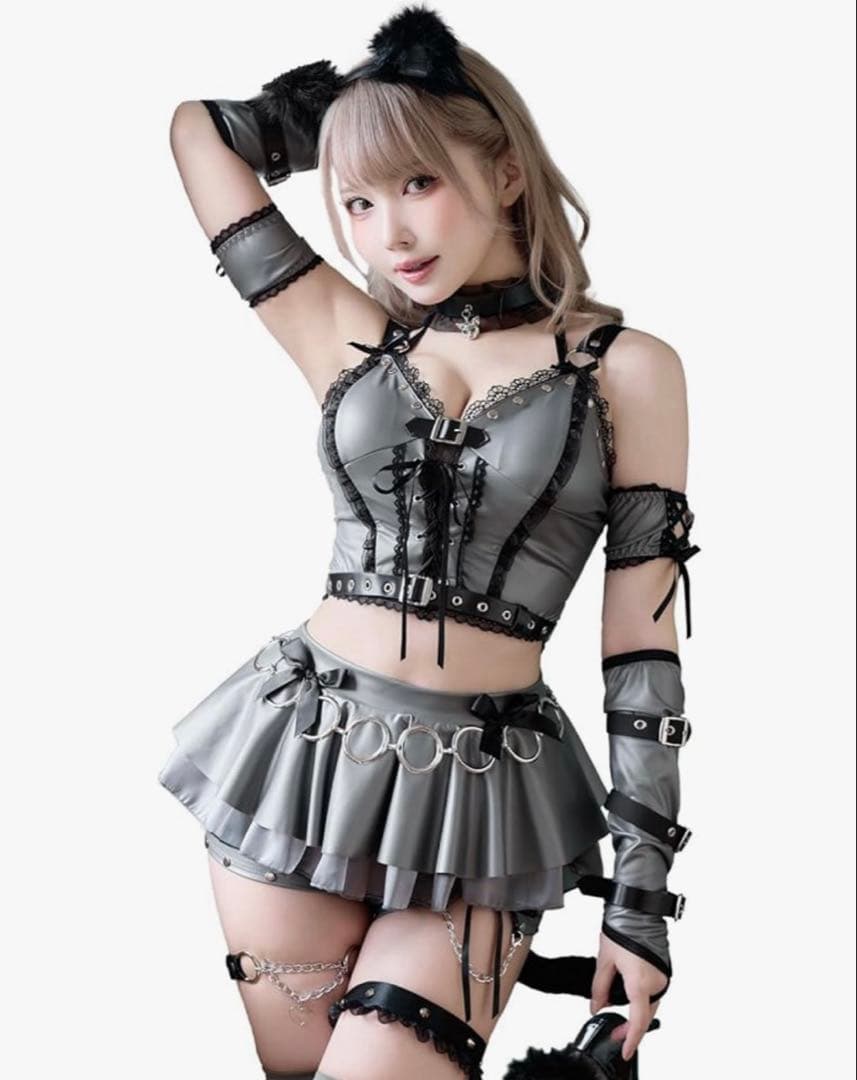 コスプレ アニマル 動物 キャット ねこ 黒 灰色 レザー スタッズ 衣装