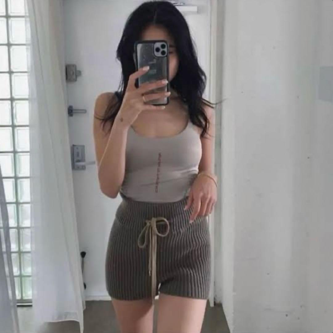 juemi ニット ショーパン リブ編み ベージュ ブラウン ショートパンツ