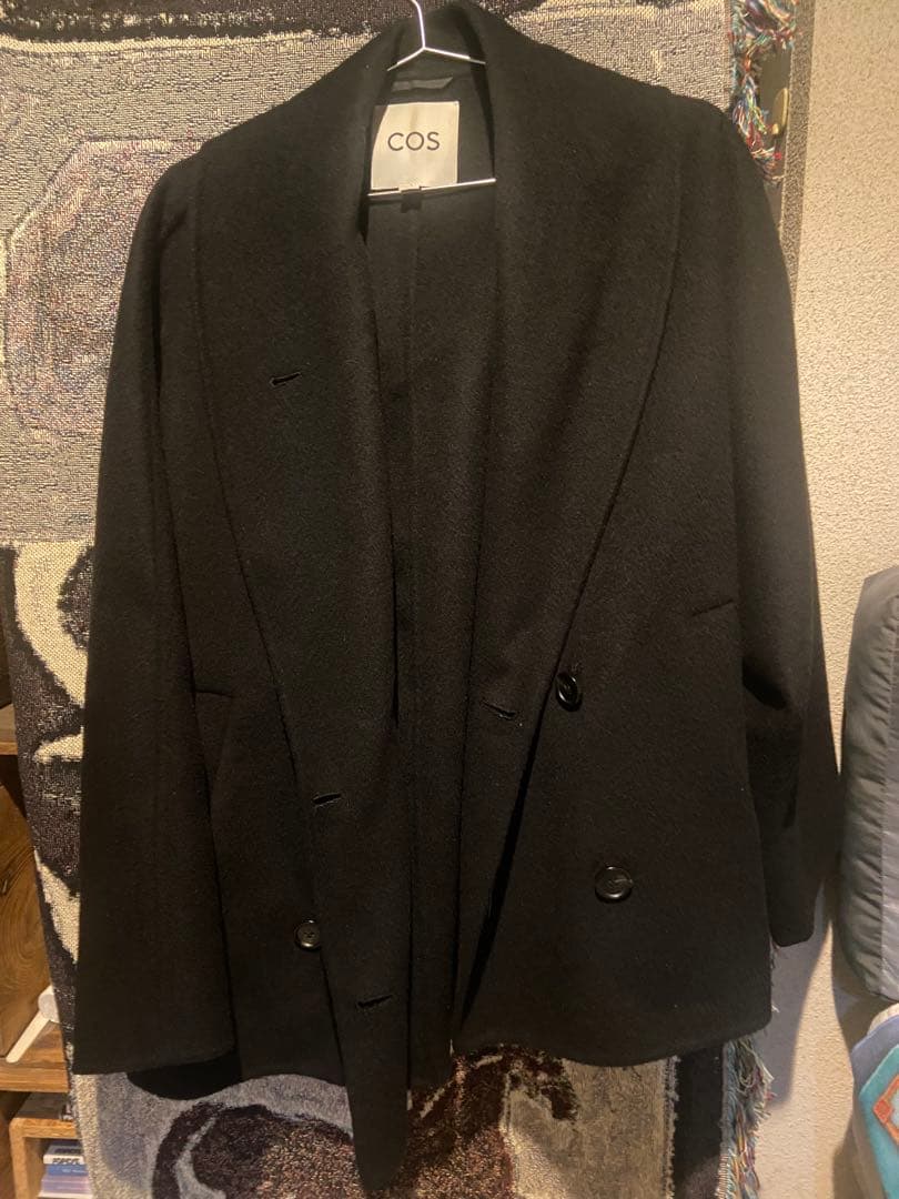 COS ブラック ダブルフェイスウールピーコート