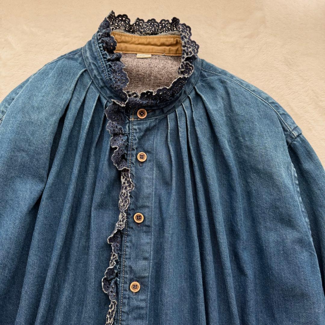 45R デニム インディゴ シャツ カットワークレース スタンドネック フリル襟