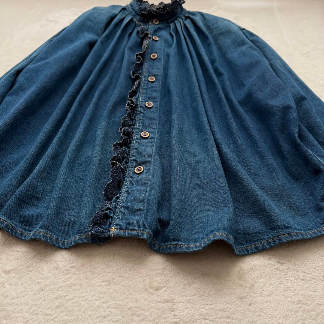 45R デニム インディゴ シャツ カットワークレース スタンドネック フリル襟