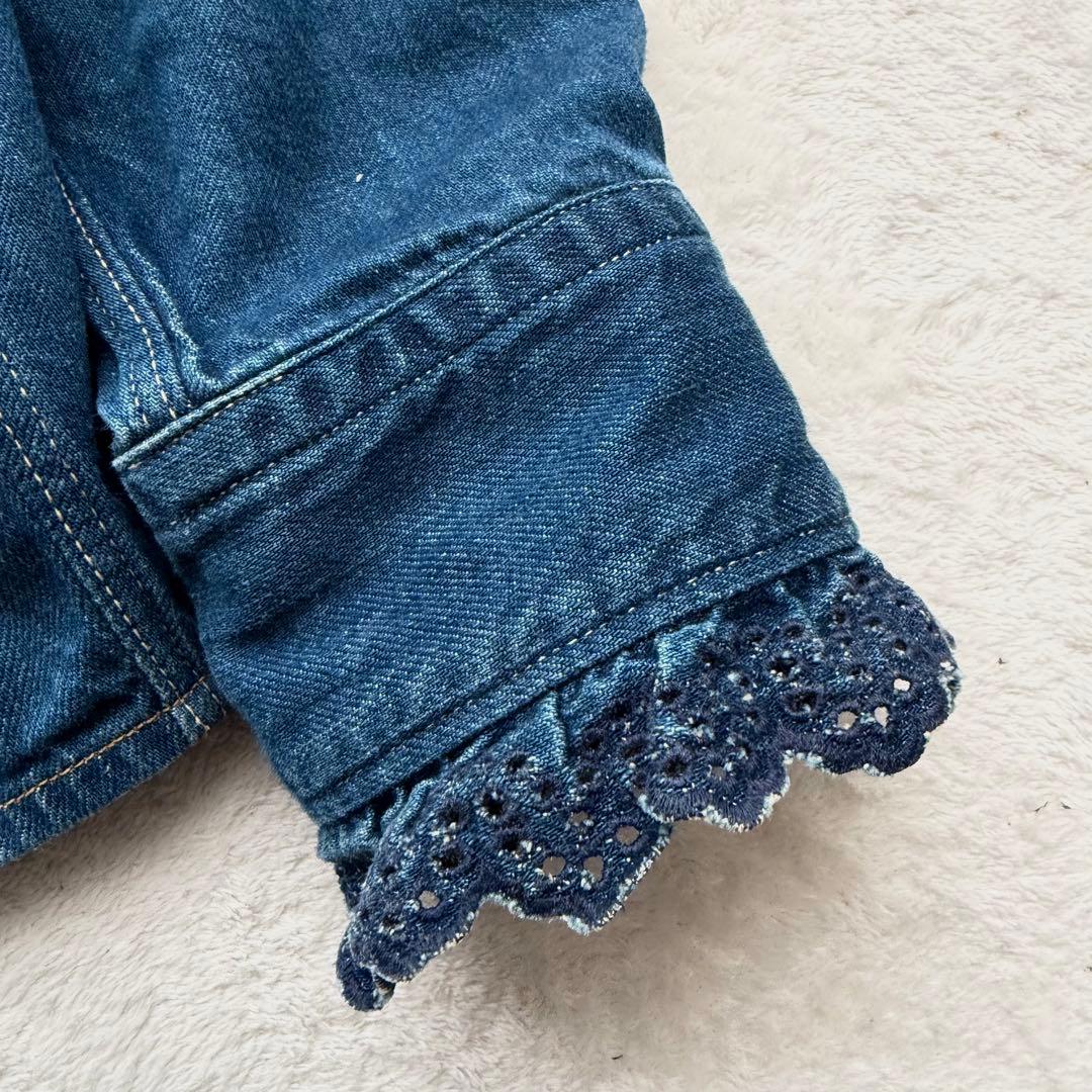 45R デニム インディゴ シャツ カットワークレース スタンドネック フリル襟