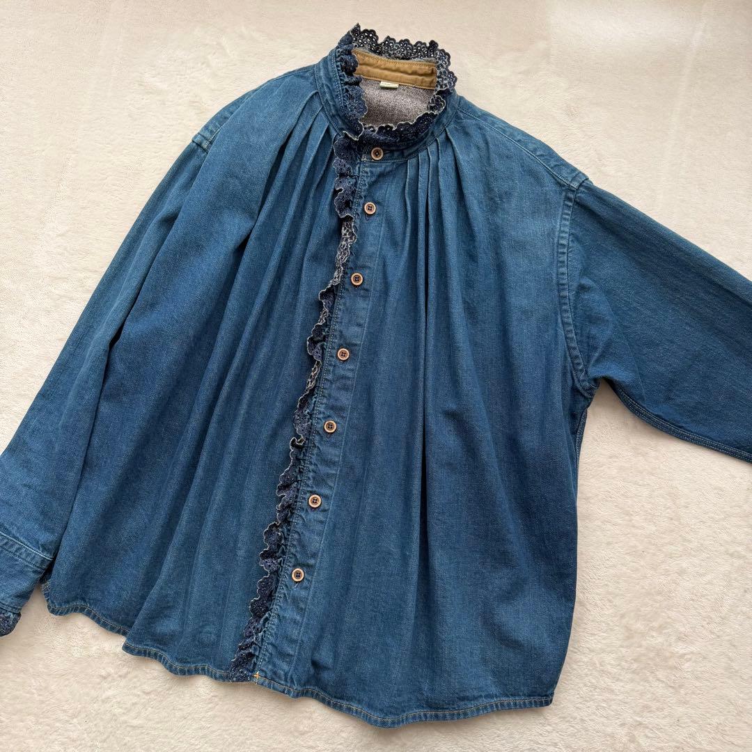 45R デニム インディゴ シャツ カットワークレース スタンドネック フリル襟