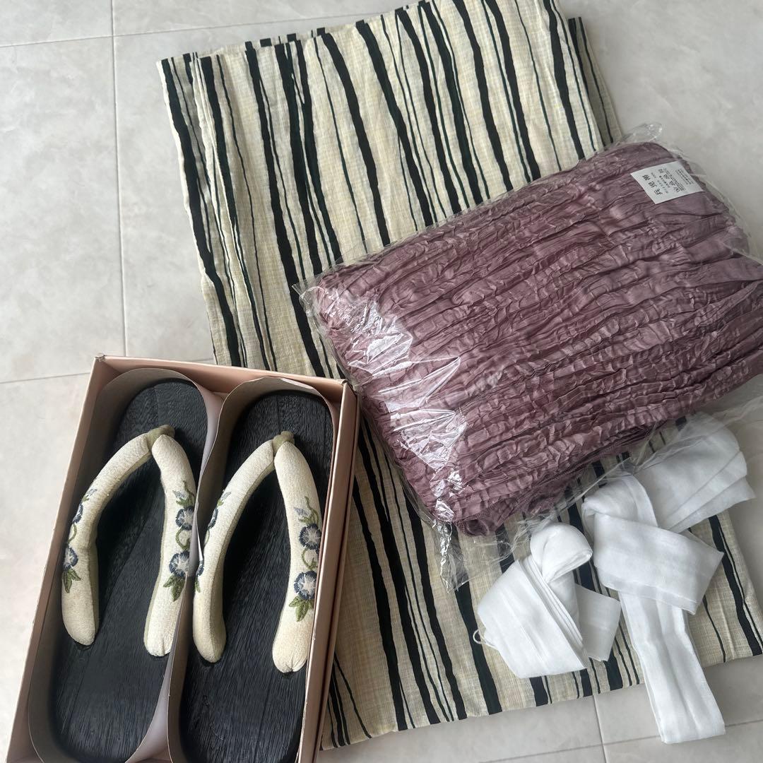 【一度着用のみ】レトロな縦縞浴衣5点セット